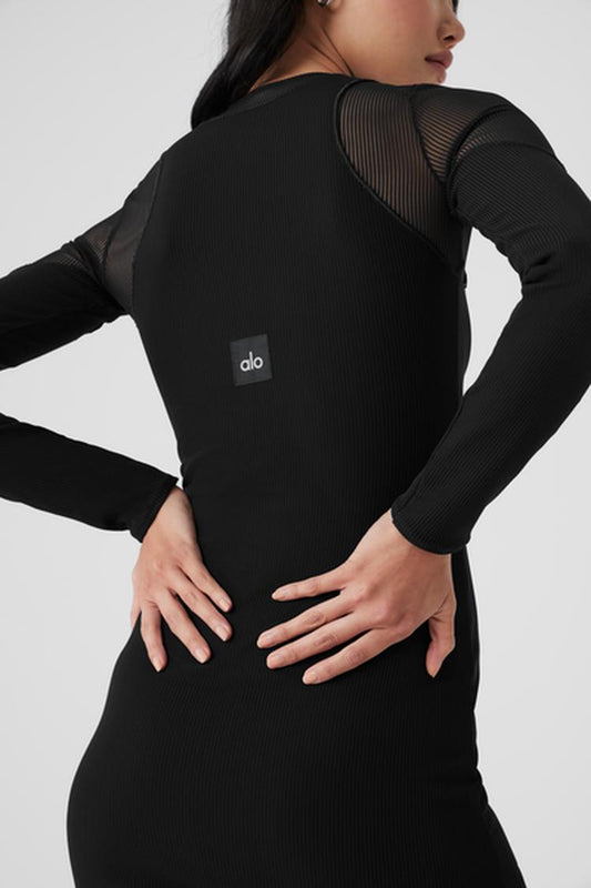 STRIPED MESH SYNERGY LONG SLEEVE DRESS