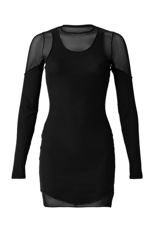 STRIPED MESH SYNERGY LONG SLEEVE DRESS