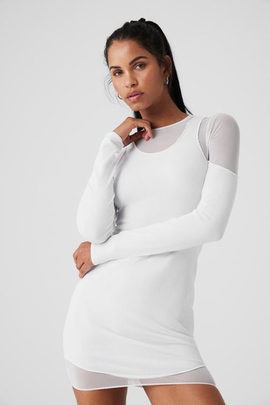 STRIPED MESH SYNERGY LONG SLEEVE DRESS