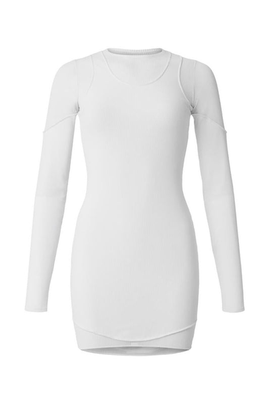 STRIPED MESH SYNERGY LONG SLEEVE DRESS