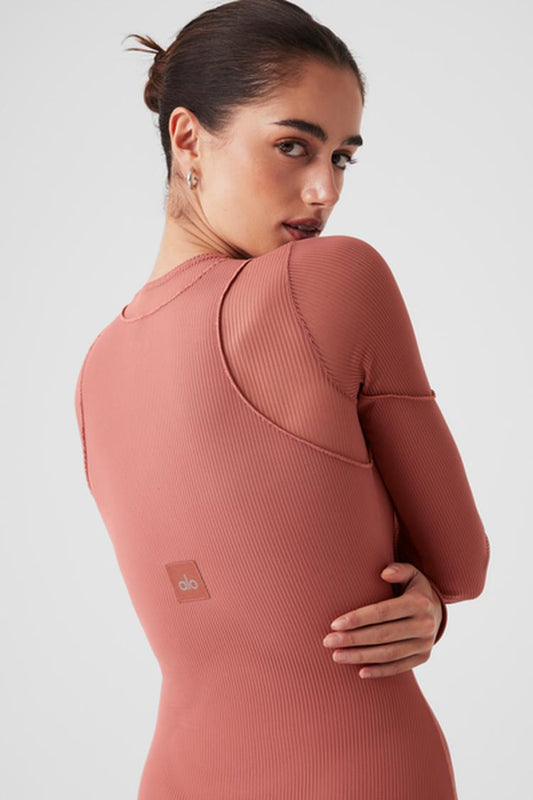 STRIPED MESH SYNERGY LONG SLEEVE DRESS