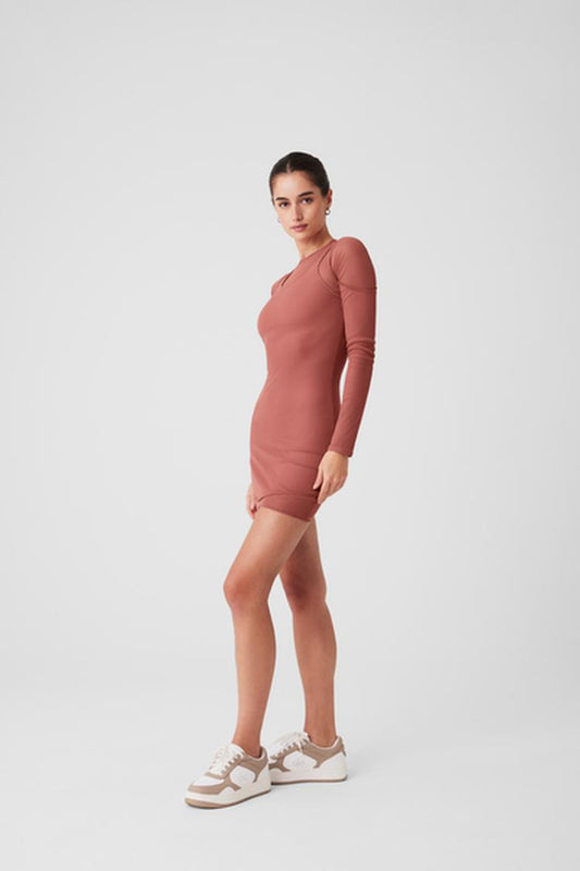 STRIPED MESH SYNERGY LONG SLEEVE DRESS